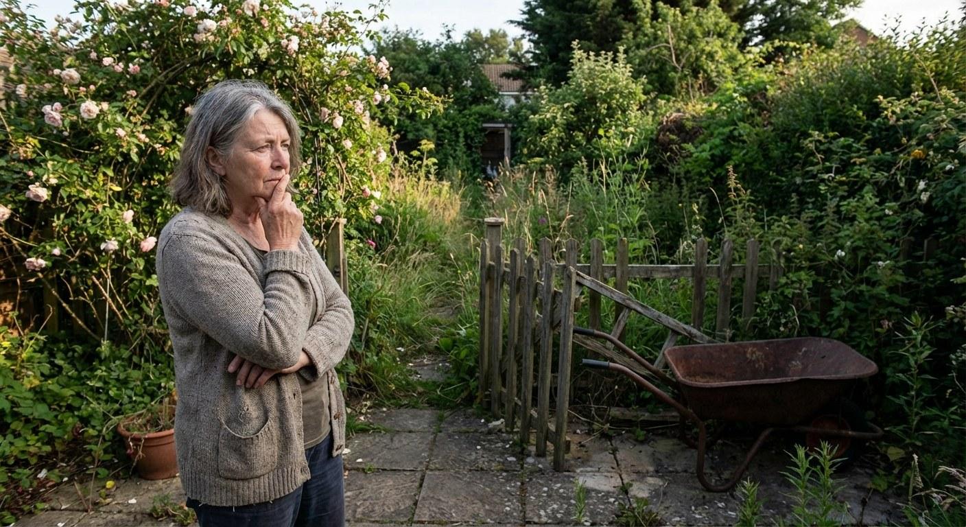 A homeowner standing in front of an overgrown garden bed with tangled shrubs and vines.