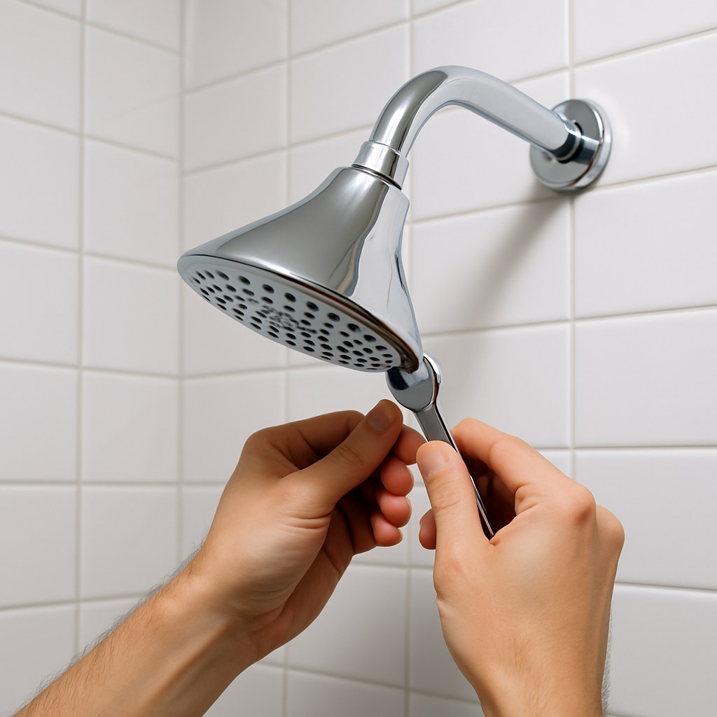A person's hands installing a new shower head.