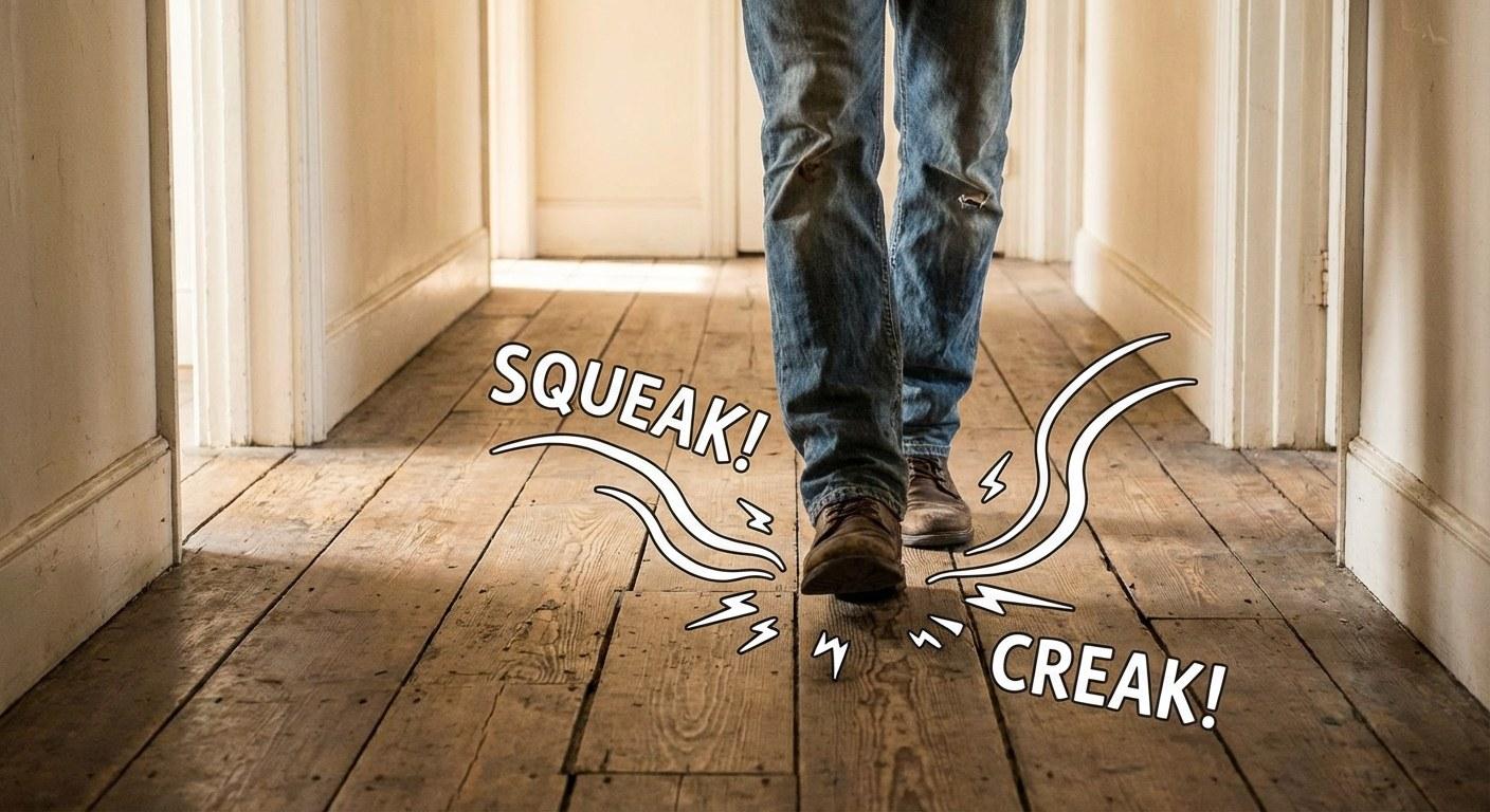 A close-up of a person's foot on a wood floor, illustrating a squeaky spot.