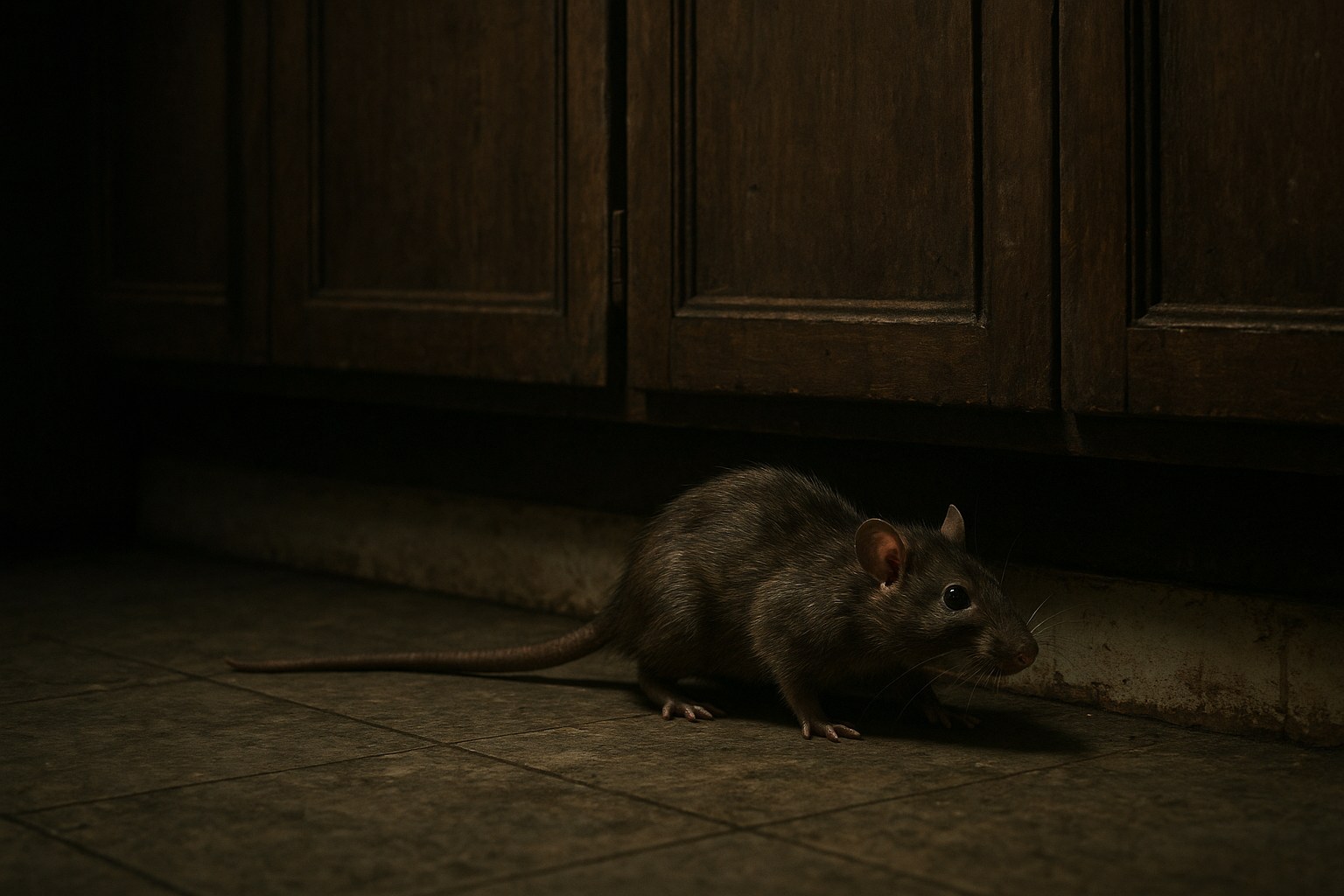 A rat running along a baseboard inside a home.