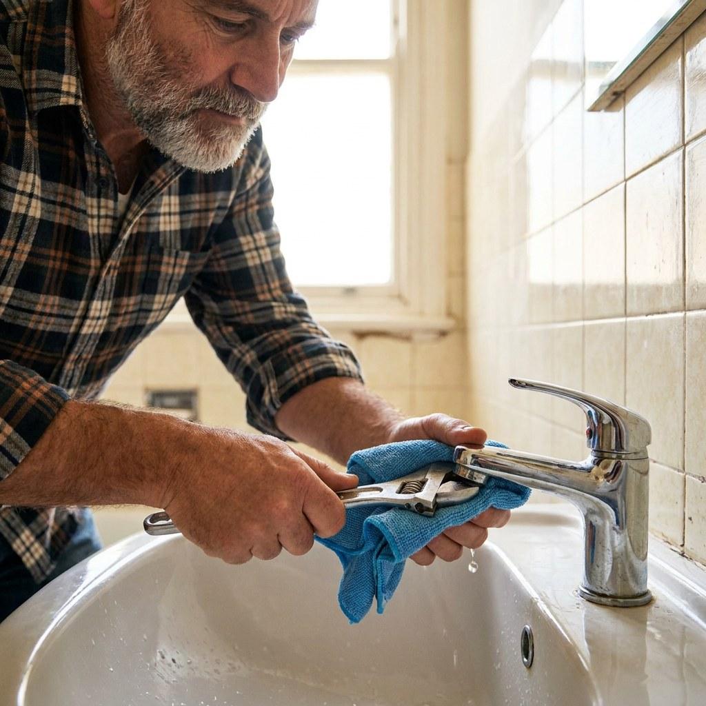 A homeowner carefully unscrewing a bathroom faucet aerator wrapped in a protective cloth