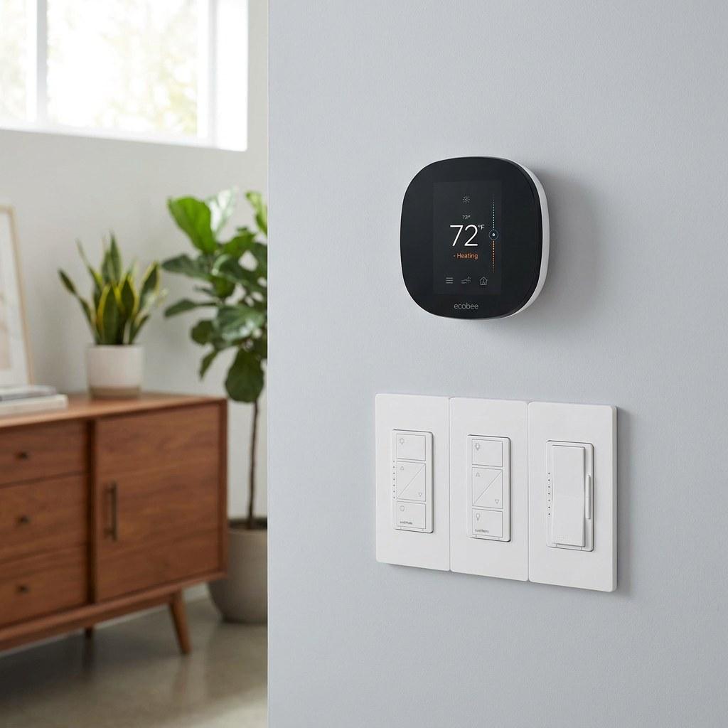 A neatly installed smart thermostat and modern wall switch on a painted hallway wall