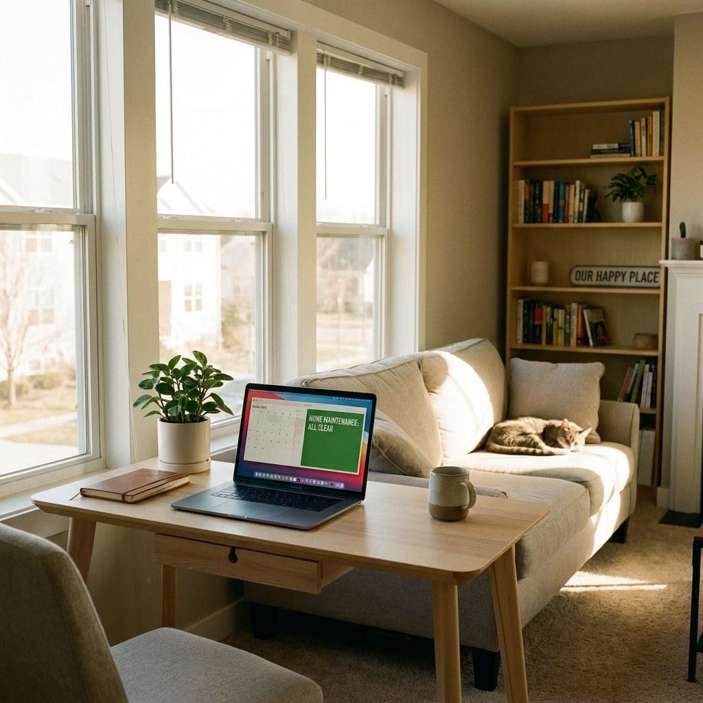 A well-organized desk in a calm living room representing stress-free homeownership