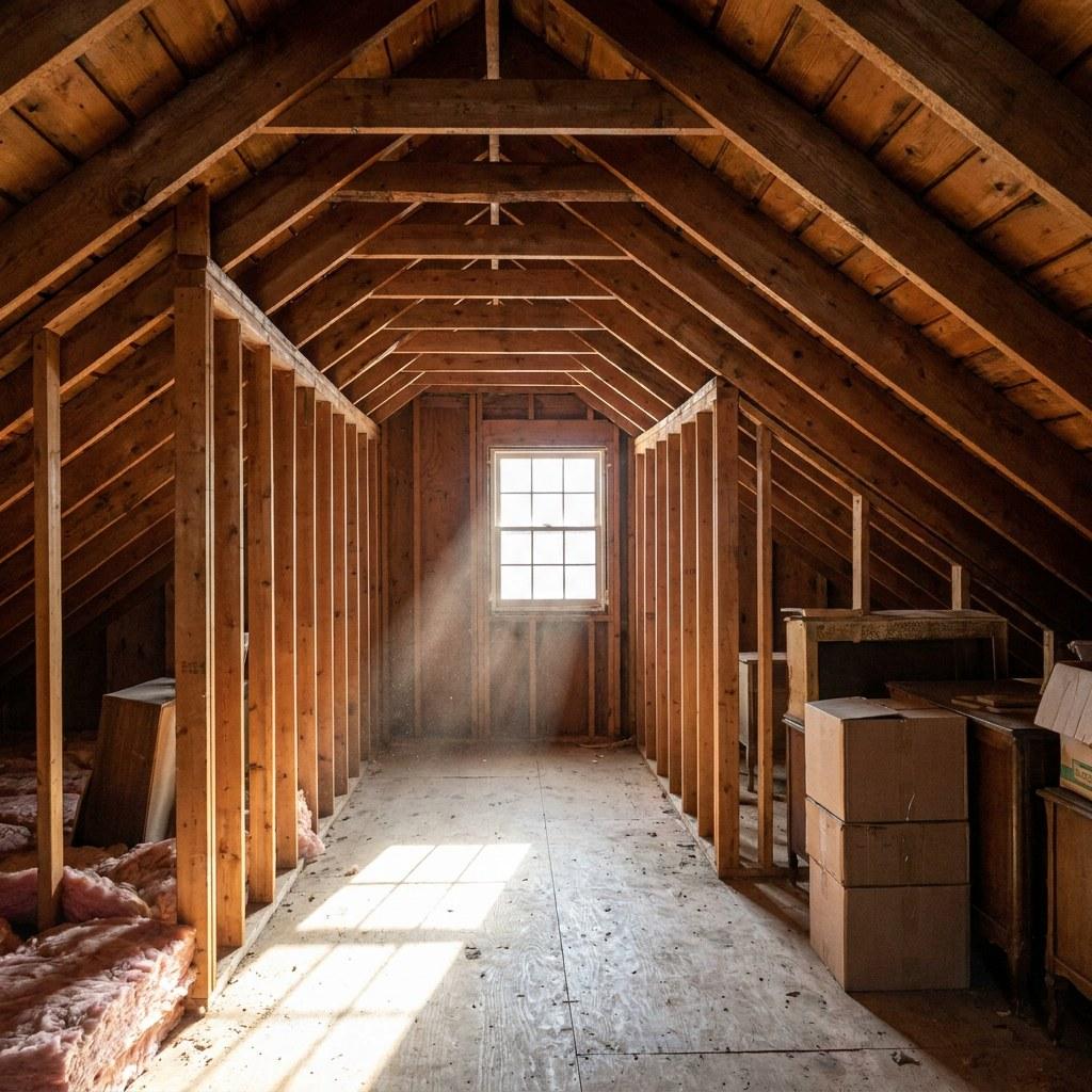 Unfinished attic interior showing wooden roof framing and subfloor preparation