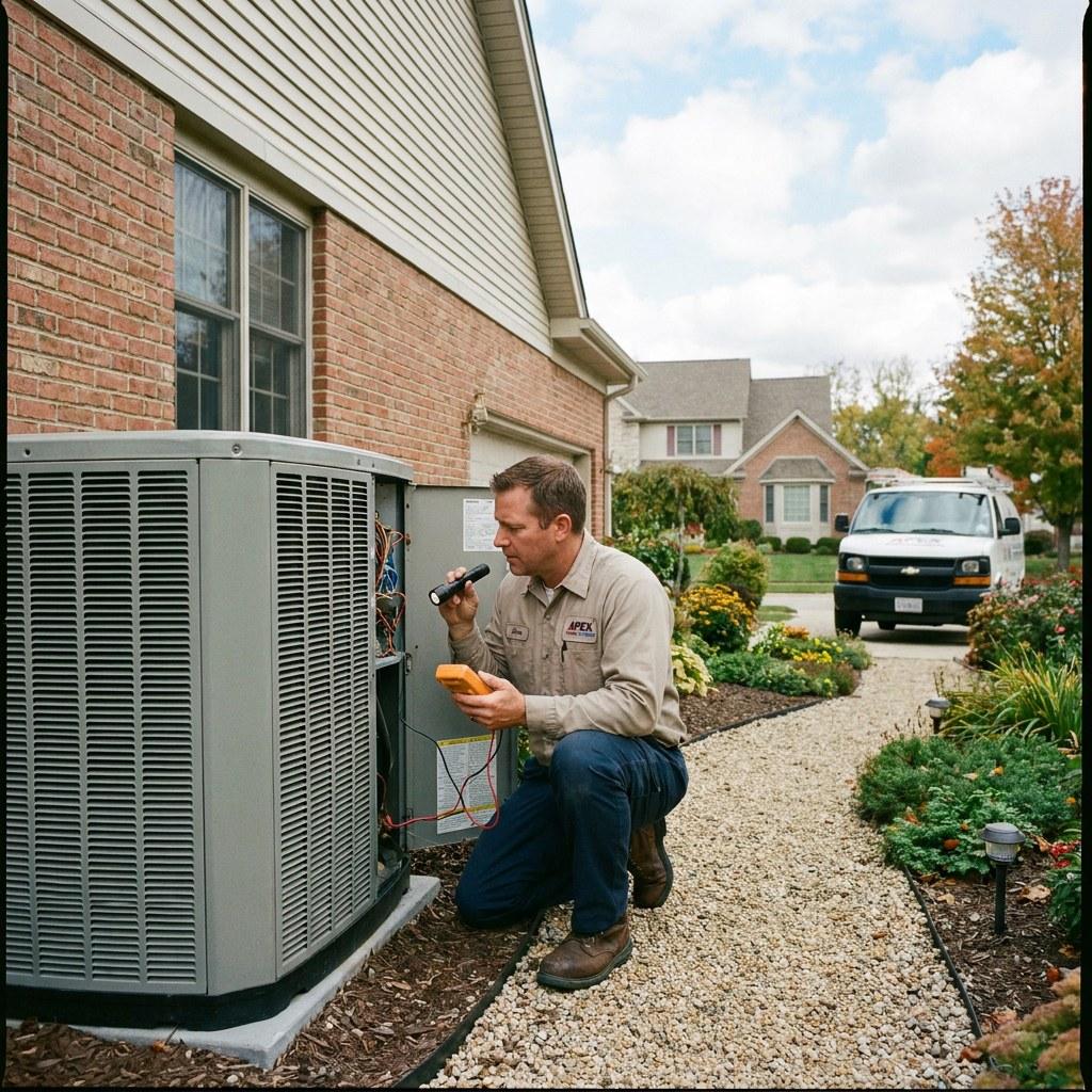 A new heat pump compressor unit installed on the side of a house