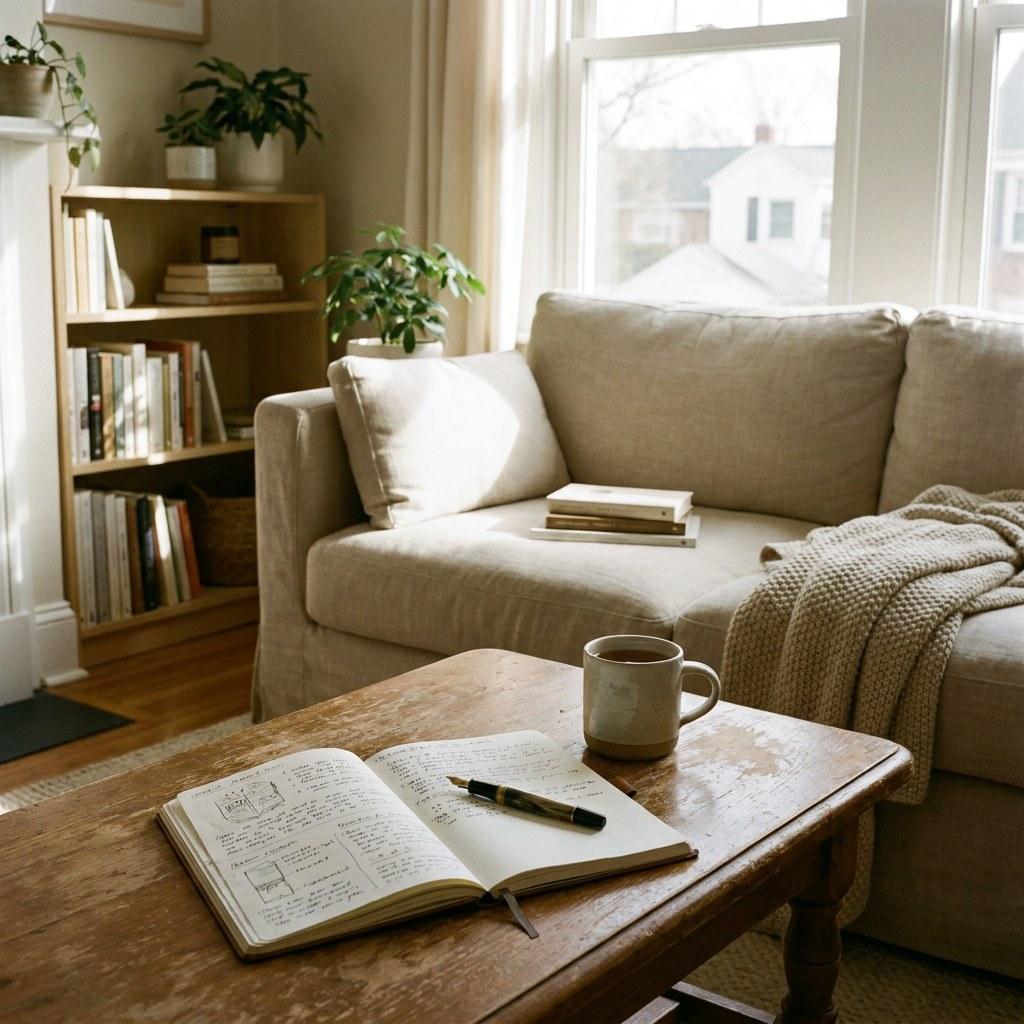 A calm and organized living room in a modern home