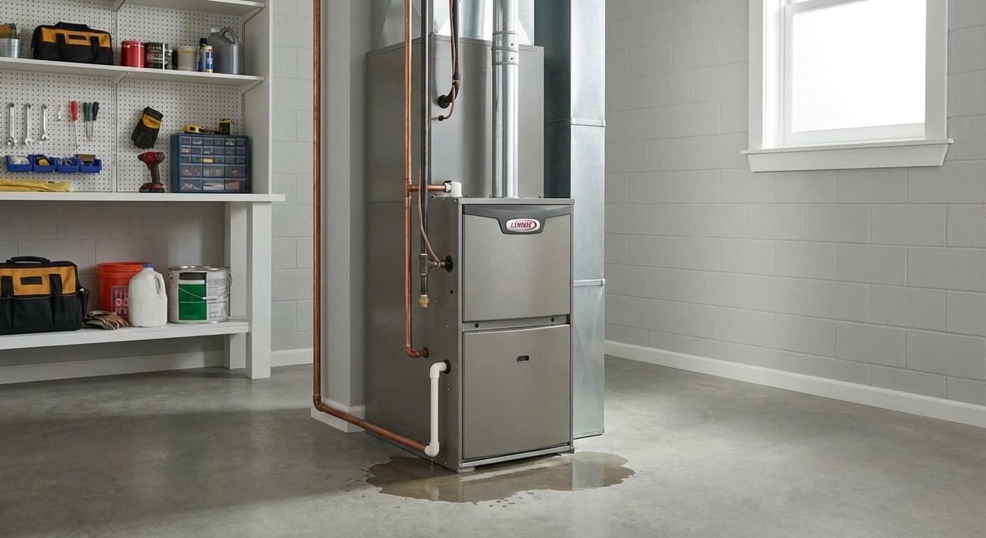 A puddle of water on the floor next to a home furnace.