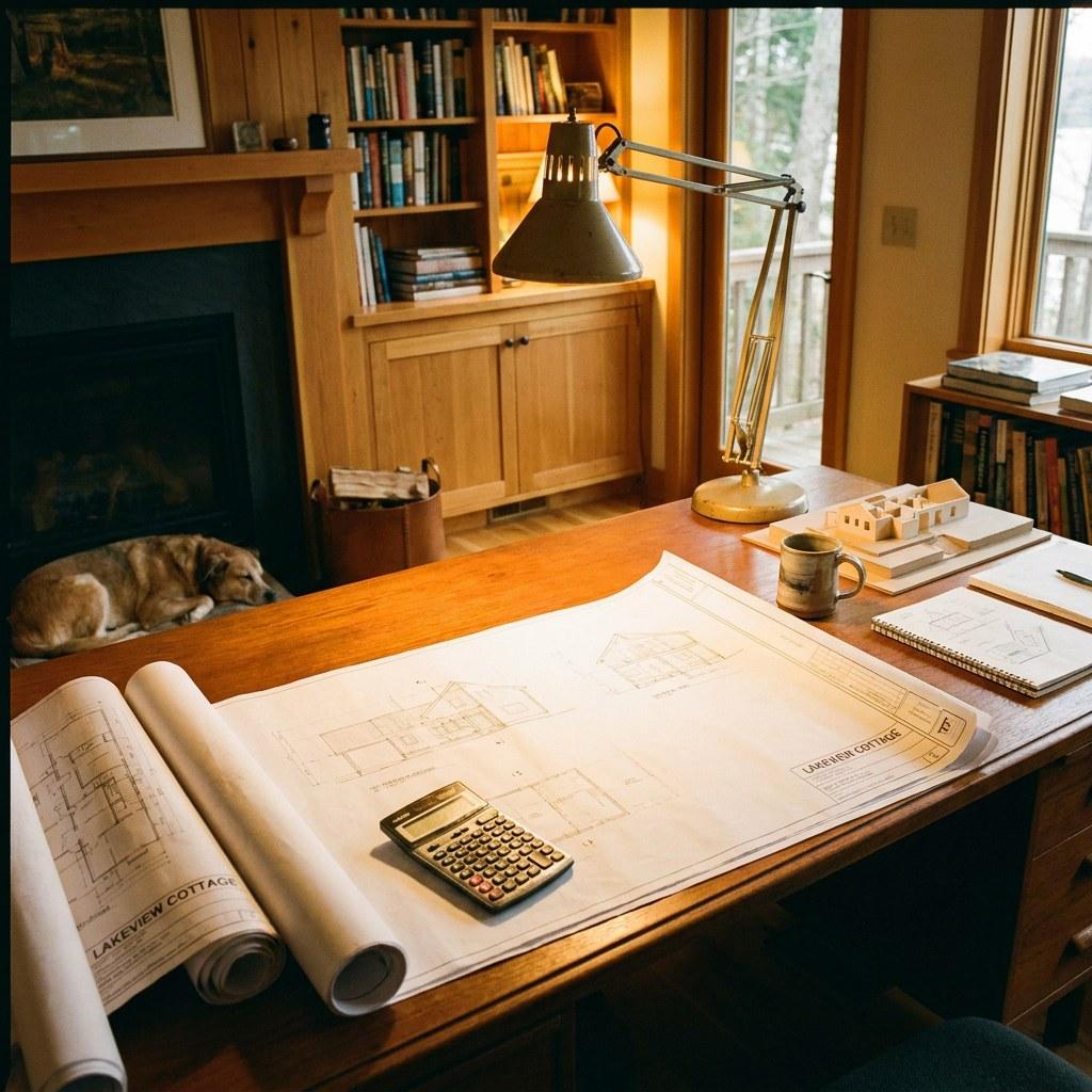Renovation plans and a financial calculator on a desk