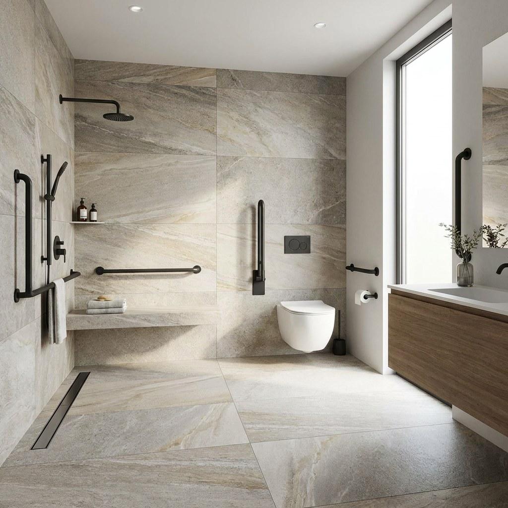 Modern accessible bathroom featuring a curbless shower and thoughtfully placed grab bars