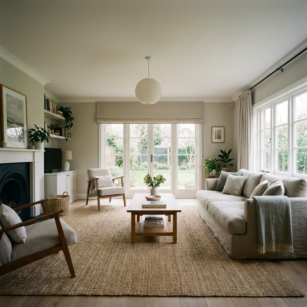 A calm and organized living room representing stress-free homeownership