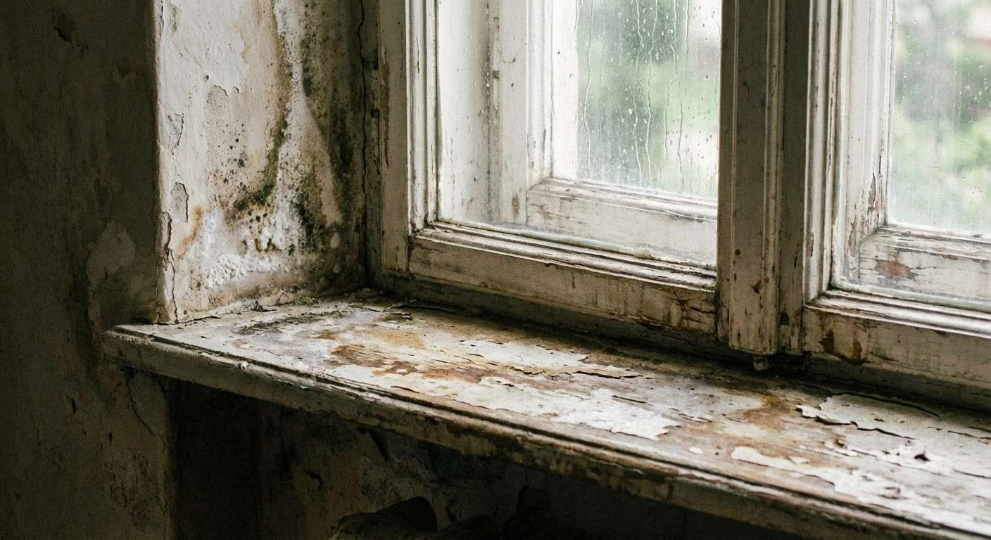 A window sill showing signs of water damage like peeling paint and dark stains.